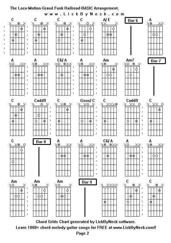 Chord Grids Chart of chord melody fingerstyle guitar song-The Loco-Motion-Grand Funk Railroad-BASIC Arrangement,generated by LickByNeck software.